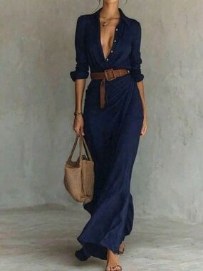 Women’s Navy Long Shirt Dress with Belt
